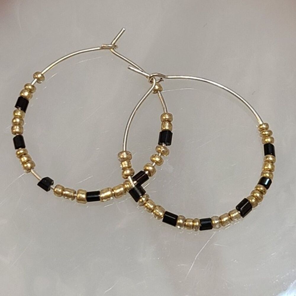 Seed Bead Hoop Earrings Black Gold Silver Tone Round Beaded Wire Hook Jewelry